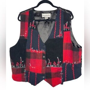Dressbarn Vitage Red Black Embroidered Plaid Velvet Embroidered Vest Size 2X